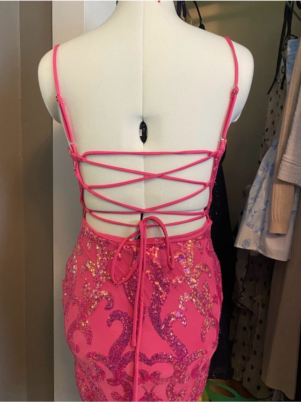 OFFERS OPEN! Lovely day SMALL Hot Pink Sequin Mini Dress Gold Sequins party - Picture 7 of 7